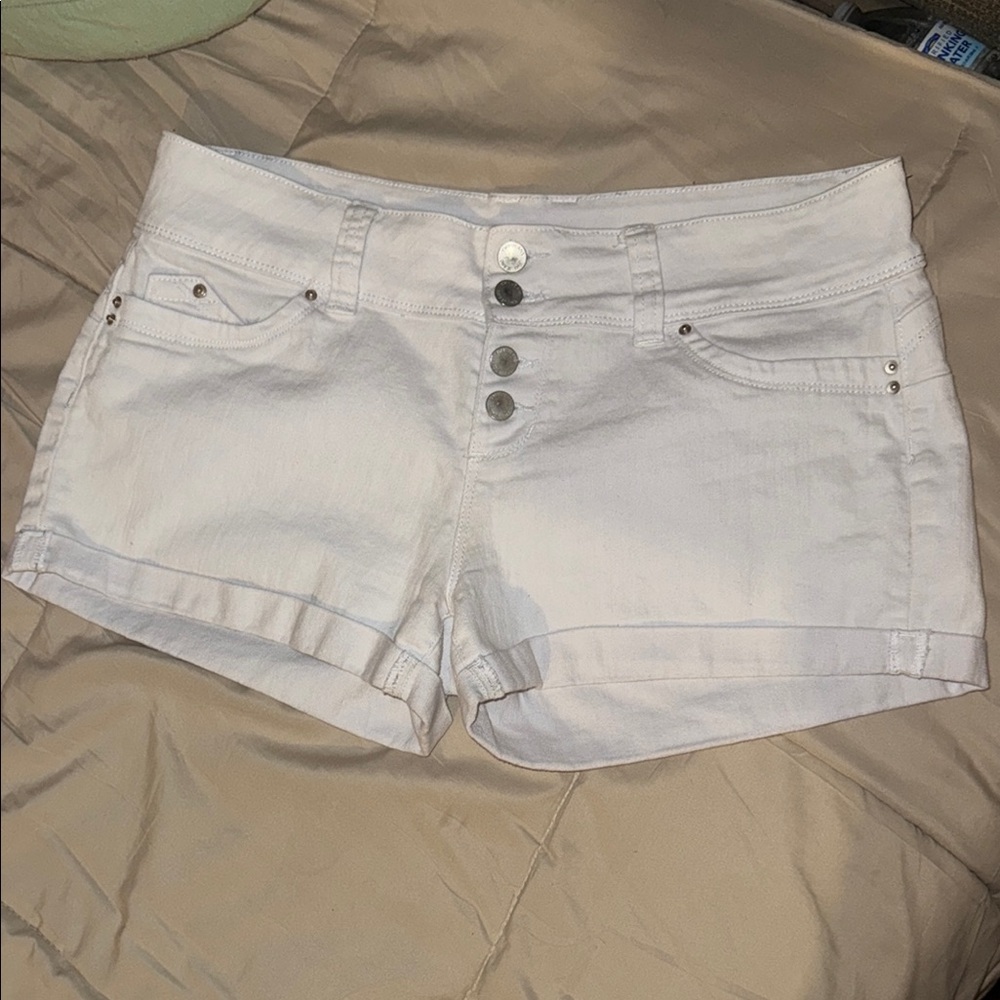 YMI White Jean Shorts Button-fly Cuffed Hem Flat Front - stretchy